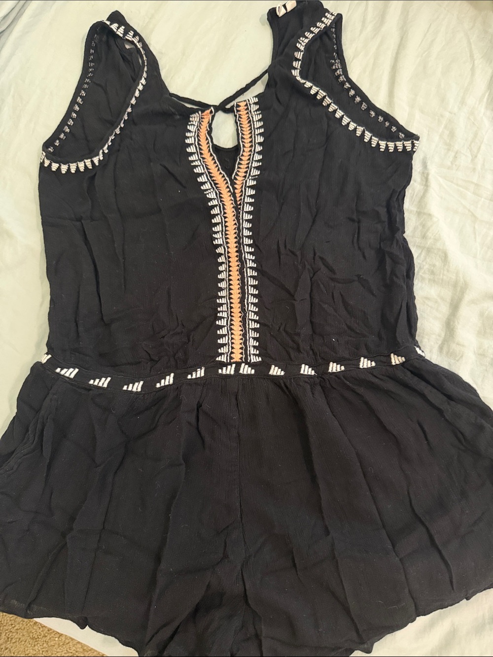 Rip Curl Black Mini Romper with White and Tan Embroidery